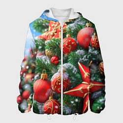 Куртка с капюшоном мужская Красные шары и звезда новогодняя, цвет: 3D-белый