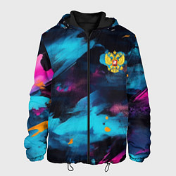 Куртка с капюшоном мужская Герб РФ на текстурном камуфляже, цвет: 3D-черный