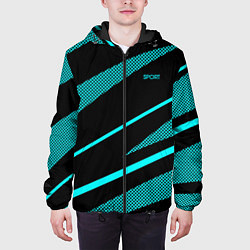 Куртка с капюшоном мужская Sport чёрный и неоновый голубой абстракция с полос, цвет: 3D-черный — фото 2
