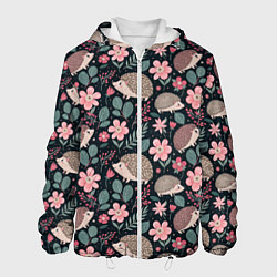 Куртка с капюшоном мужская Ёжики в цветах, цвет: 3D-белый