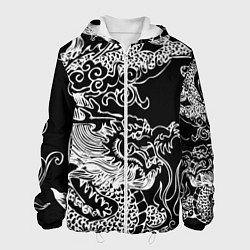 Куртка с капюшоном мужская Белый дракон на черном, цвет: 3D-белый