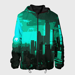 Куртка с капюшоном мужская Стилизованный город бирюзовый, цвет: 3D-черный