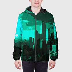 Куртка с капюшоном мужская Стилизованный город бирюзовый, цвет: 3D-черный — фото 2