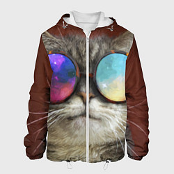 Куртка с капюшоном мужская A Cat with multicolored glasses, цвет: 3D-белый
