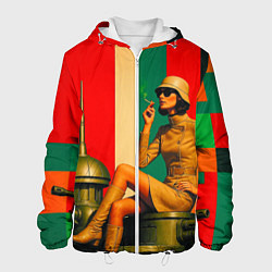 Куртка с капюшоном мужская Милитари девушка на оружейной башне ретрофутуризм, цвет: 3D-белый