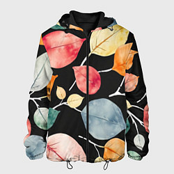 Куртка с капюшоном мужская Разноцветные акварельные листья на чёрном, AI, цвет: 3D-черный