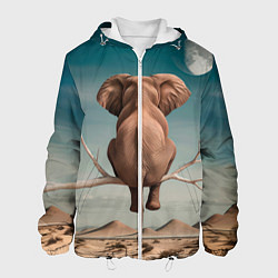 Куртка с капюшоном мужская Задумчивый слон: пустыня, цвет: 3D-белый