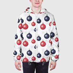 Куртка с капюшоном мужская Синие и красные новогодние шары со снежинками, цвет: 3D-белый — фото 2