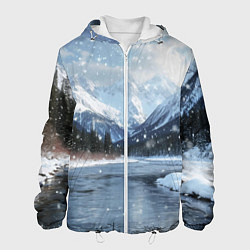 Куртка с капюшоном мужская Снежный горный пейзаж с елями и рекой, цвет: 3D-белый