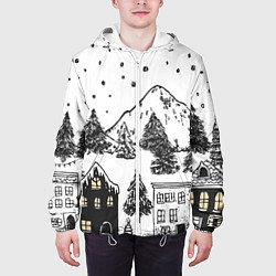 Куртка с капюшоном мужская Заснеженный черно-белый город, цвет: 3D-белый — фото 2
