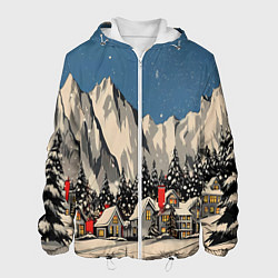 Куртка с капюшоном мужская Небольшой новогодний город в горах, цвет: 3D-белый