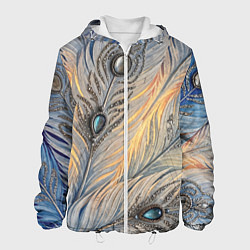 Куртка с капюшоном мужская Синие перья с самоцветами, цвет: 3D-белый