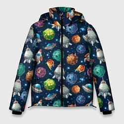 Куртка зимняя мужская Мультяшные планеты, цвет: 3D-черный