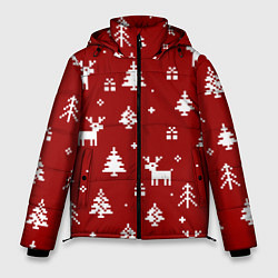Куртка зимняя мужская Новогодние олени и елки на красном фоне, цвет: 3D-красный