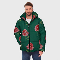 Куртка зимняя мужская Ярко красные розы на темно-зеленом фоне, цвет: 3D-светло-серый — фото 2