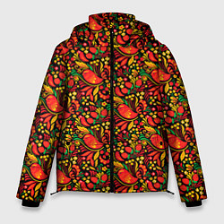 Мужская зимняя куртка Желтые и красные цветы, птицы и ягоды хохлома