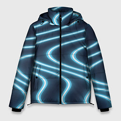 Куртка зимняя мужская Неоновый свет Волны голубые на темном фоне, цвет: 3D-черный