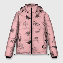 Мужская зимняя куртка Цветочки и бабочки на розовом фоне