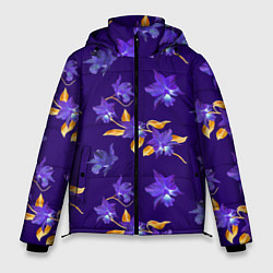 Куртка зимняя мужская Цветы Фиолетовые Ирисы На Синем Фоне, цвет: 3D-светло-серый