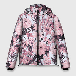 Куртка зимняя мужская Цветы Розовые Пионы На Светлом Фоне, цвет: 3D-черный