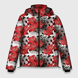 Куртка зимняя мужская Красные абстрактные цветы, цвет: 3D-красный