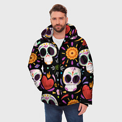Куртка зимняя мужская Веселые черепа в цветах, цвет: 3D-черный — фото 2