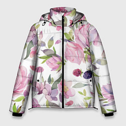Мужская зимняя куртка Летний красочный паттерн из цветков розы и ягод еж