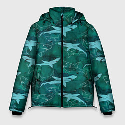 Куртка зимняя мужская Акулы не темно бирюзовом фоне, цвет: 3D-черный