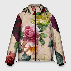 Мужская зимняя куртка Цветы Нарисованные Красные Розы и Лилии