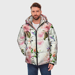 Куртка зимняя мужская Цветы Нарисованные Магнолии и Разноцветные Птицы, цвет: 3D-светло-серый — фото 2