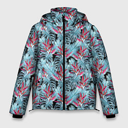 Мужская зимняя куртка Голубые тропические листья и цветы