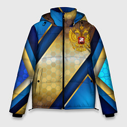 Куртка зимняя мужская Золотой герб России на синем объемном фоне, цвет: 3D-красный