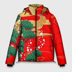 Куртка зимняя мужская Японский пейзаж на красном, цвет: 3D-черный