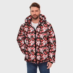 Куртка зимняя мужская Маски лисиц кицунэ и камелия на черном, цвет: 3D-красный — фото 2