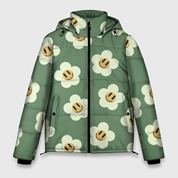 Куртка зимняя мужская Цветочки-смайлики: темно-зеленый паттерн, цвет: 3D-черный