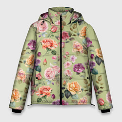 Мужская зимняя куртка Акварельные цветы - паттерн зеленый