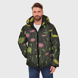 Куртка зимняя мужская Полевые цветочки на темном фоне, цвет: 3D-черный — фото 2
