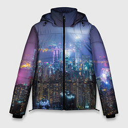 Куртка зимняя мужская Большой город в розово-голубых огнях, цвет: 3D-светло-серый