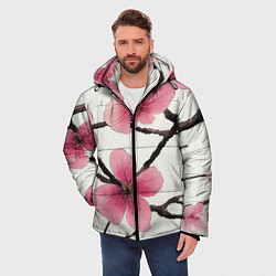 Куртка зимняя мужская Цветы и ветви японской сакуры - текстура холста, цвет: 3D-черный — фото 2