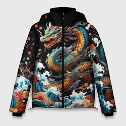 Куртка зимняя мужская Дракон на волнах в японском стиле арт, цвет: 3D-черный