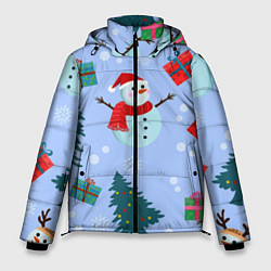 Куртка зимняя мужская Снеговики с новогодними подарками паттерн, цвет: 3D-черный