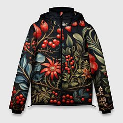 Куртка зимняя мужская Новогодние ягоды и цветы, цвет: 3D-черный