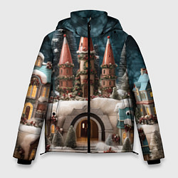 Куртка зимняя мужская Деревенские домики зимой, цвет: 3D-черный