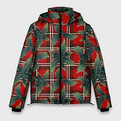 Куртка зимняя мужская Листья остролиста на красной шотландке, цвет: 3D-светло-серый