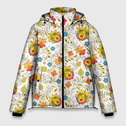 Куртка зимняя мужская Хохломская роспись разноцветные цветы на белом фон, цвет: 3D-светло-серый
