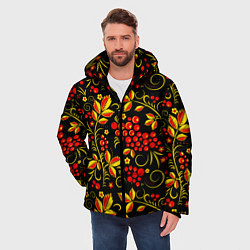 Куртка зимняя мужская Хохломская роспись золотистые листья чёрном фоне, цвет: 3D-красный — фото 2
