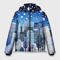Куртка зимняя мужская Новогодний синий ночной город, цвет: 3D-черный