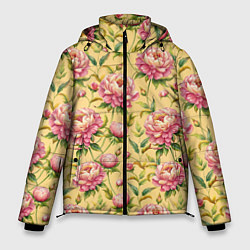 Мужская зимняя куртка Крупные пионы садовые цветы бутоны паттерн