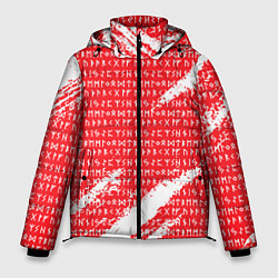 Куртка зимняя мужская Руны на красно-белом рваном фоне, цвет: 3D-светло-серый
