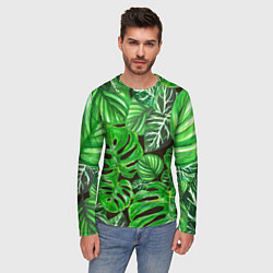 Лонгслив мужской Тропические листья на темном фоне, цвет: 3D-принт — фото 2